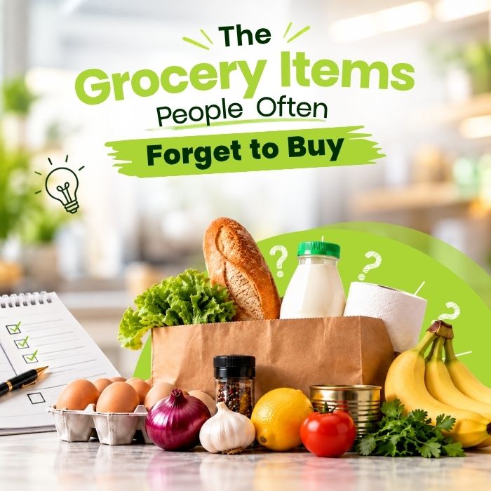 Commonly forgotten grocery items including pantry staples and everyday kitchen essentials 